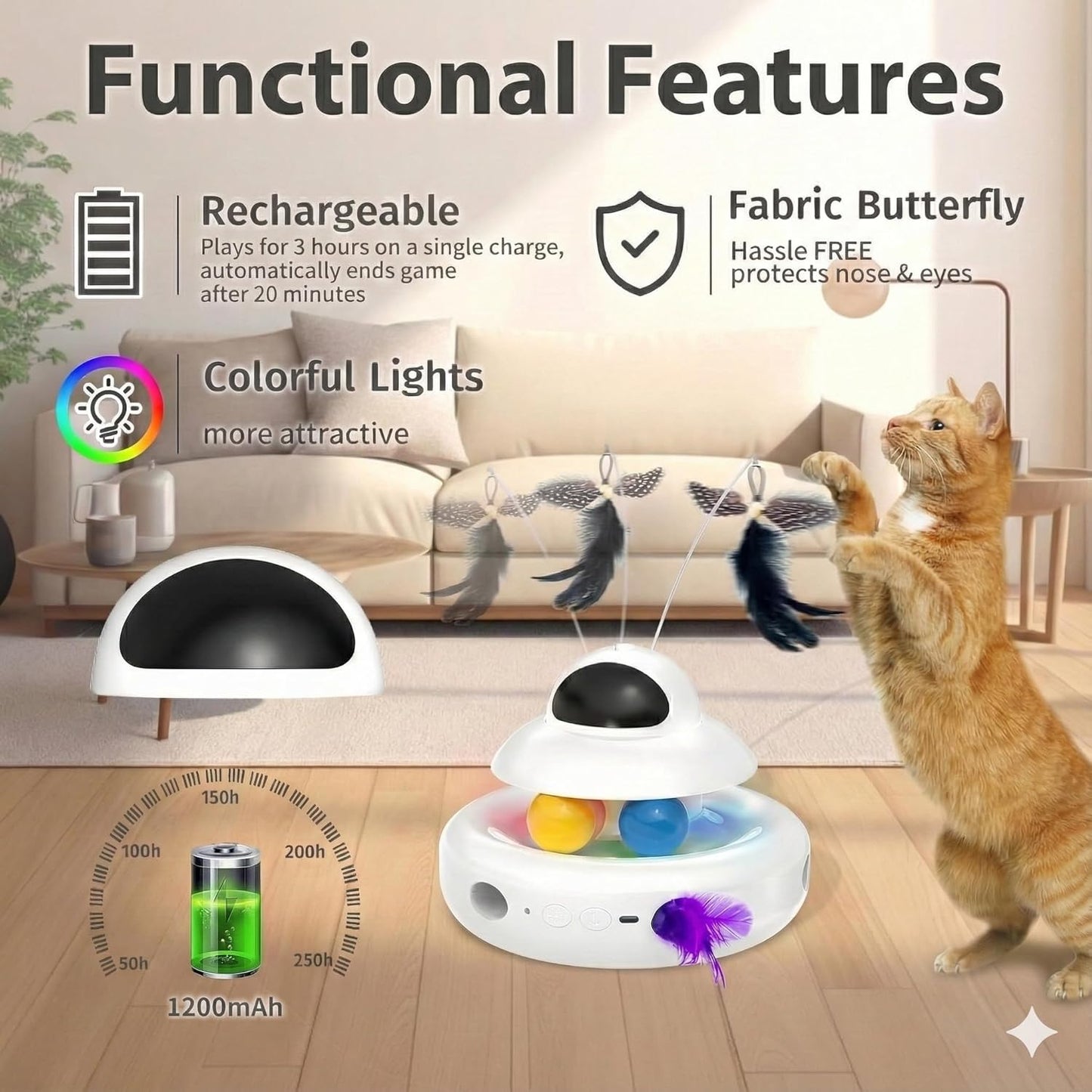 Cat Toys,4-In-1 Interactive Cat Toy for Indoor Cats with Laser, Fluttering Butterfly, Moving Feather and Track Balls - USB Rechargeable Self-Play Kitten Toy (White)