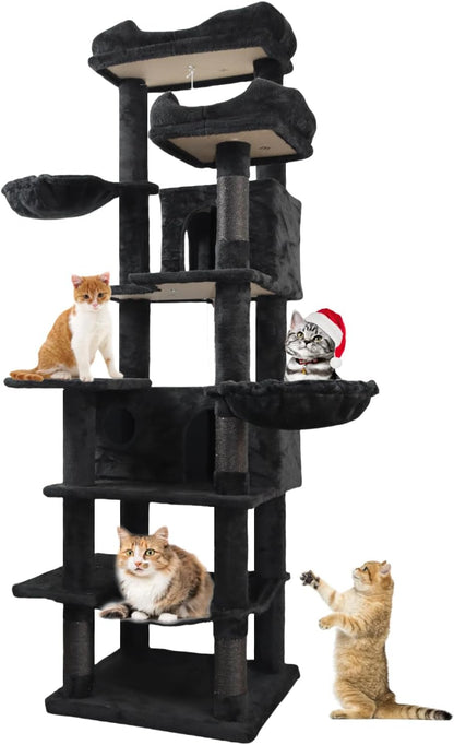68 Inches Multi-Level Large and Tall Cat Tree Tower for Indoor Cats/Removable Pad/Cat Condo/Sisal Scratching Posts/Hammock/Cat Activity Center/Wide Base Black