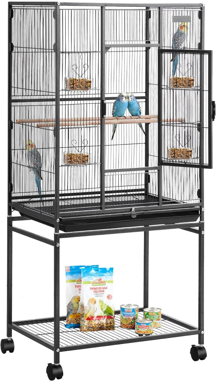 Bird Cage, 24.6 X 16.7 X 53.9 Inch, Flat Top, Wrought Iron Bird Flight Cage with Perches, Slide-Out Tray and Plastic Feeders, Casters, for Parrot, Blue Tit, Cockatiel, Canary, Budgerigar, Conure