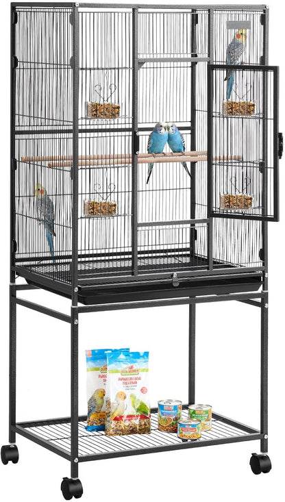 Bird Cage, 24.6 X 16.7 X 53.9 Inch, Flat Top, Wrought Iron Bird Flight Cage with Perches, Slide-Out Tray and Plastic Feeders, Casters, for Parrot, Blue Tit, Cockatiel, Canary, Budgerigar, Conure