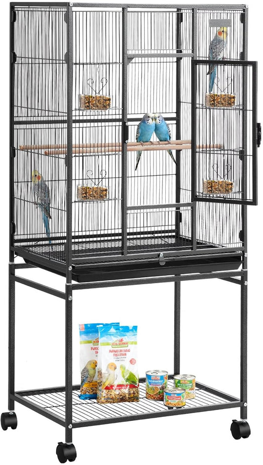 Bird Cage, 24.6 X 16.7 X 53.9 Inch, Flat Top, Wrought Iron Bird Flight Cage with Perches, Slide-Out Tray and Plastic Feeders, Casters, for Parrot, Blue Tit, Cockatiel, Canary, Budgerigar, Conure