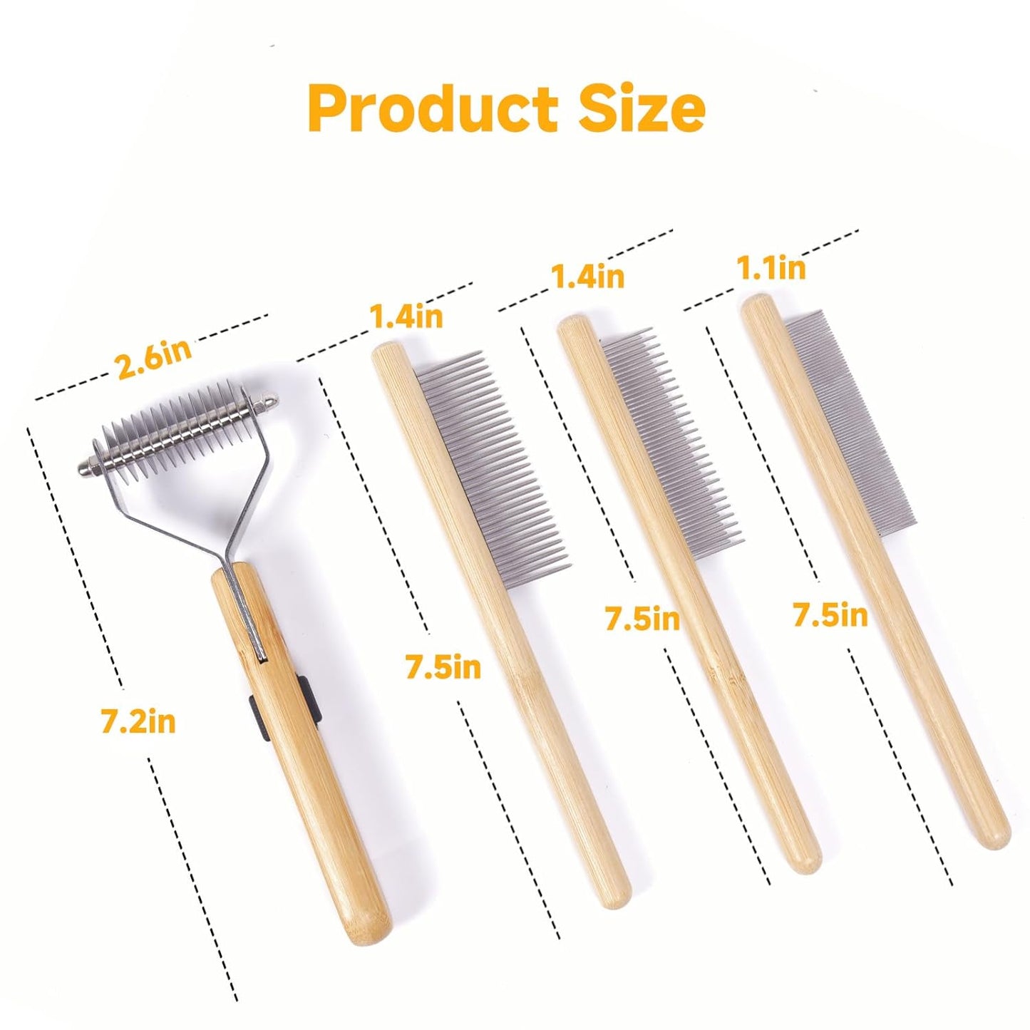Cat Undercoat Rake and Dematting Comb, 4-In-1 Bamboo Grooming Kit for Long Haired Indoor Cats, Detangling Deshedding Brush for Matted Fur, Shedding Tool for Dogs