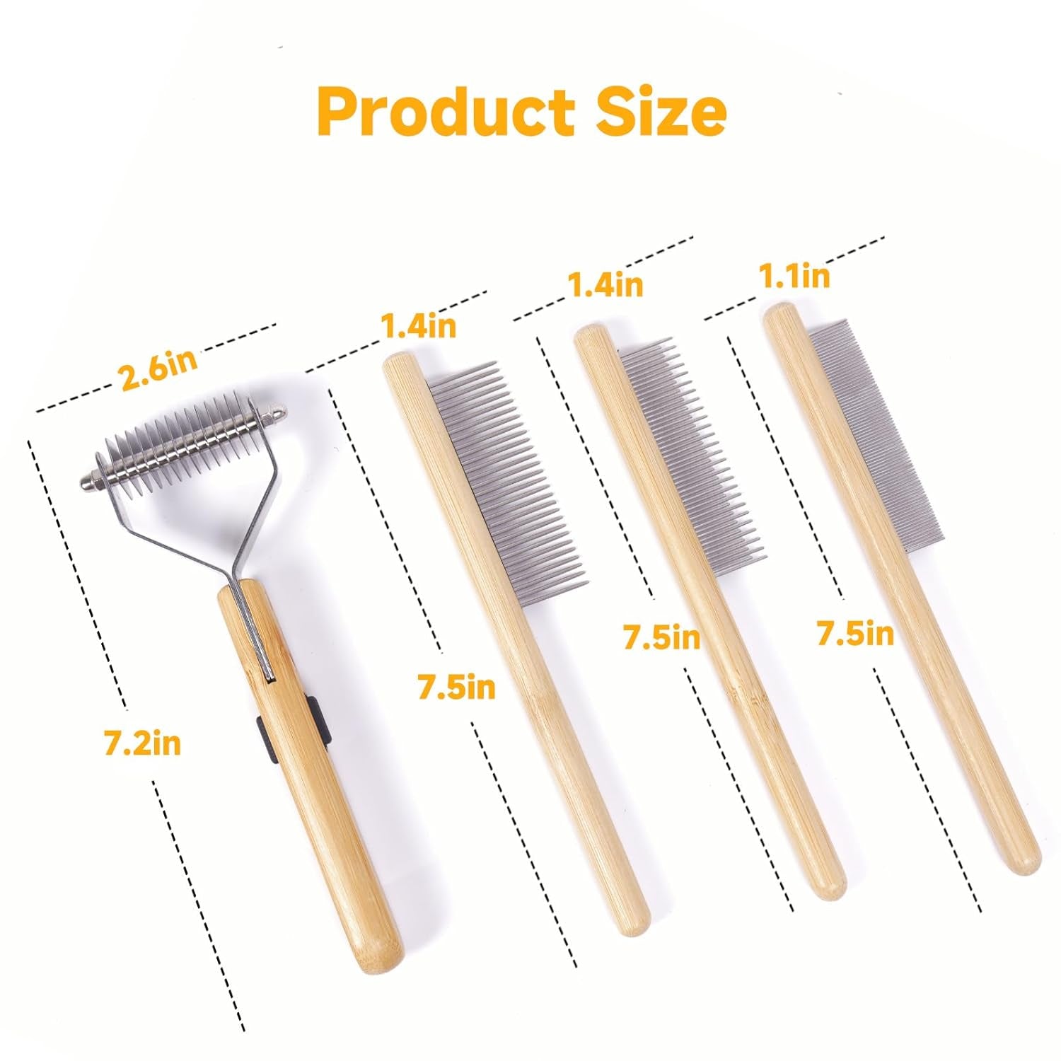 Cat Undercoat Rake and Dematting Comb, 4-In-1 Bamboo Grooming Kit for Long Haired Indoor Cats, Detangling Deshedding Brush for Matted Fur, Shedding Tool for Dogs