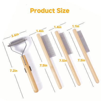 Cat Undercoat Rake and Dematting Comb, 4-In-1 Bamboo Grooming Kit for Long Haired Indoor Cats, Detangling Deshedding Brush for Matted Fur, Shedding Tool for Dogs
