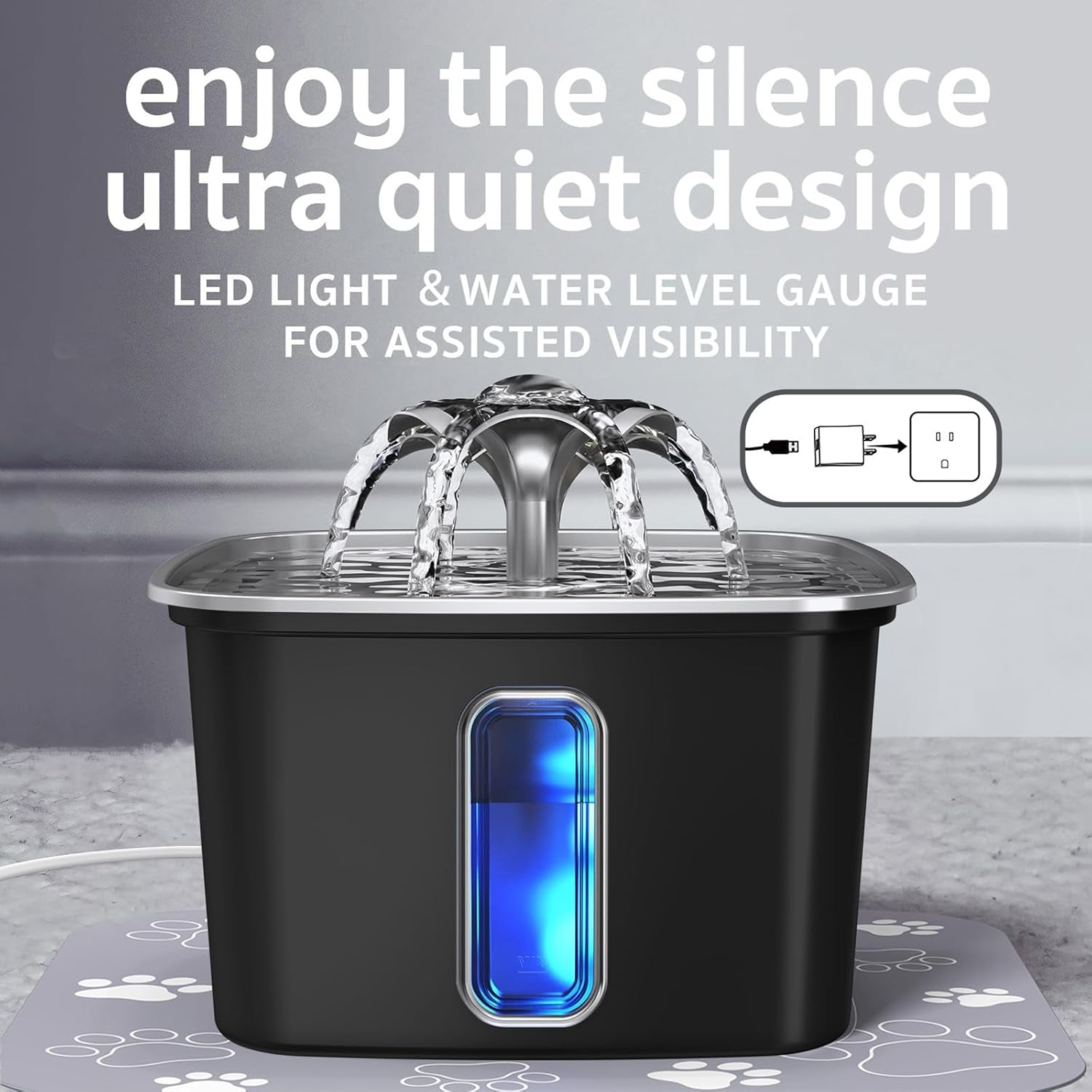 Innovation Award Winner Stainless Steel Cat Water Fountain, 108Oz/3.2L Automatic Pet Fountain Dog Water Dispenser with Replacement Filters & Silicone Mat for Cats, Dogs (Space Black)
