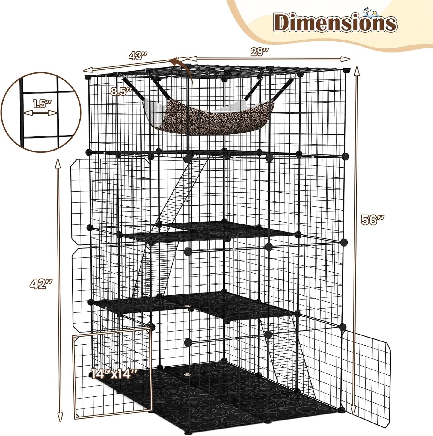 Cat Cages Indoor, 56" Large 4-Tier Cat Enclosure with Skylight, Hammock, 3 Ladders, Detachable Metal Wire Kennel with 4 Lockable Doors, DIY Cat Crate & Pet Playpen Catio for 1-4 Cats