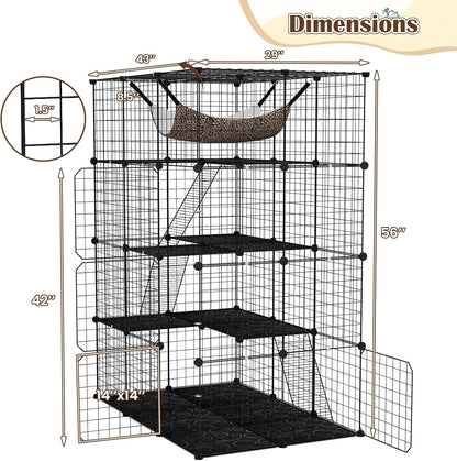 Cat Cages Indoor, 56" Large 4-Tier Cat Enclosure with Skylight, Hammock, 3 Ladders, Detachable Metal Wire Kennel with 4 Lockable Doors, DIY Cat Crate & Pet Playpen Catio for 1-4 Cats