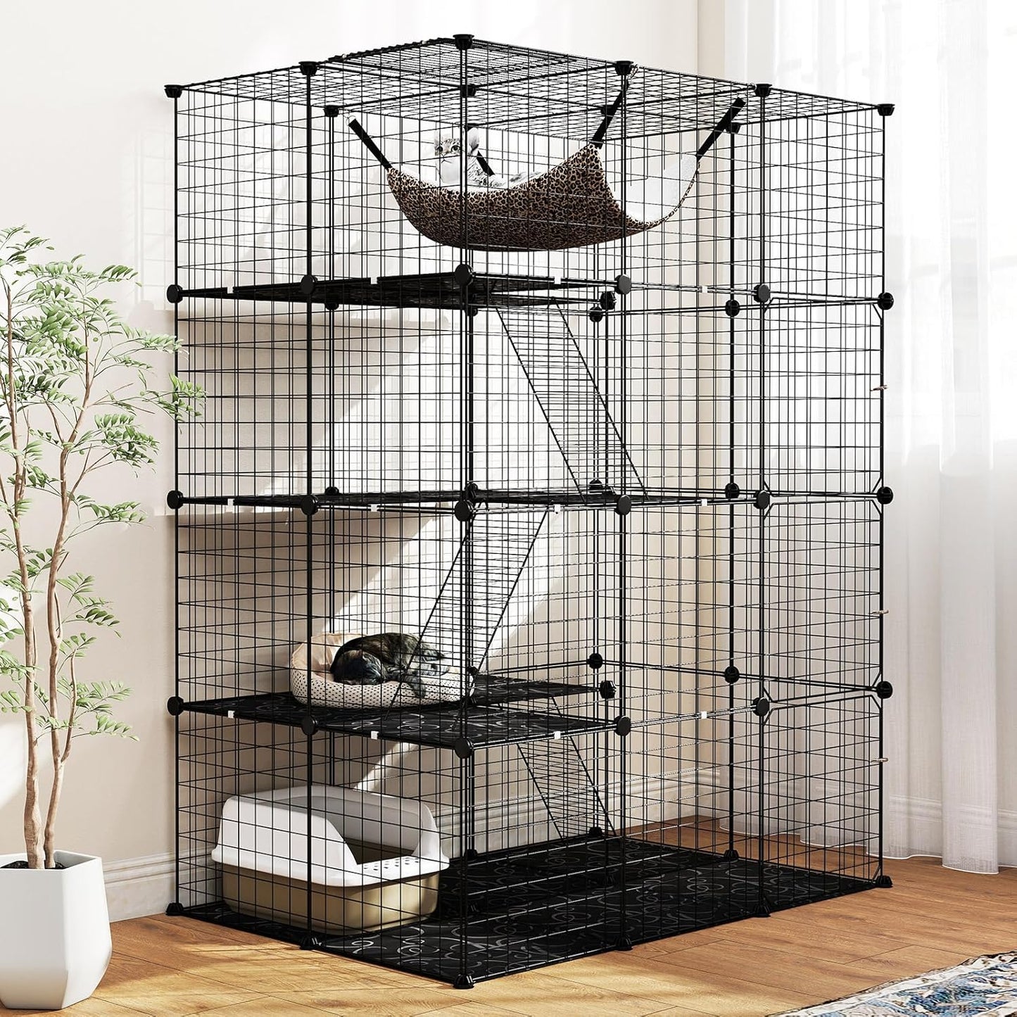 Cat Cages Indoor, 56" Large 4-Tier Cat Enclosure with Skylight, Hammock, 3 Ladders, Detachable Metal Wire Kennel with 4 Lockable Doors, DIY Cat Crate & Pet Playpen Catio for 1-4 Cats