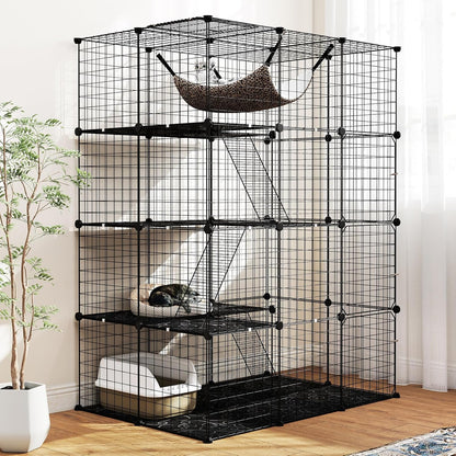Cat Cages Indoor, 56" Large 4-Tier Cat Enclosure with Skylight, Hammock, 3 Ladders, Detachable Metal Wire Kennel with 4 Lockable Doors, DIY Cat Crate & Pet Playpen Catio for 1-4 Cats