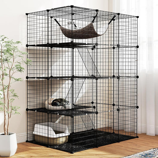 Cat Cages Indoor, 56" Large 4-Tier Cat Enclosure with Skylight, Hammock, 3 Ladders, Detachable Metal Wire Kennel with 4 Lockable Doors, DIY Cat Crate & Pet Playpen Catio for 1-4 Cats