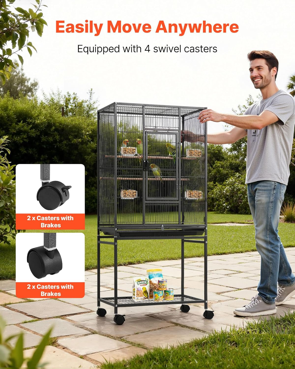 Bird Cage, 24.6 X 16.7 X 53.9 Inch, Flat Top, Wrought Iron Bird Flight Cage with Perches, Slide-Out Tray and Plastic Feeders, Casters, for Parrot, Blue Tit, Cockatiel, Canary, Budgerigar, Conure