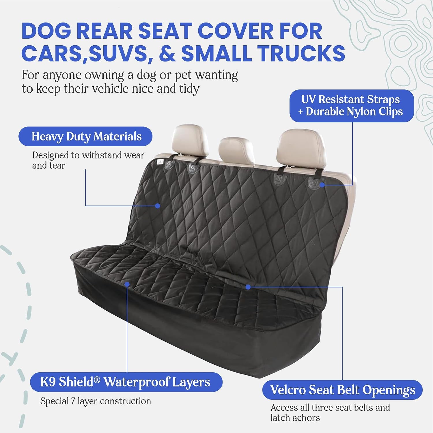 Back Seat Pet Cover for Dogs W/O Hammock – 54" Wide, Waterproof Car Seat Cover, Non-Slip, Heavy-Duty – Fits Cars, Suvs, Small Trucks – 2 Seat Belt & Latch Access – Back Seat Protector (Black)