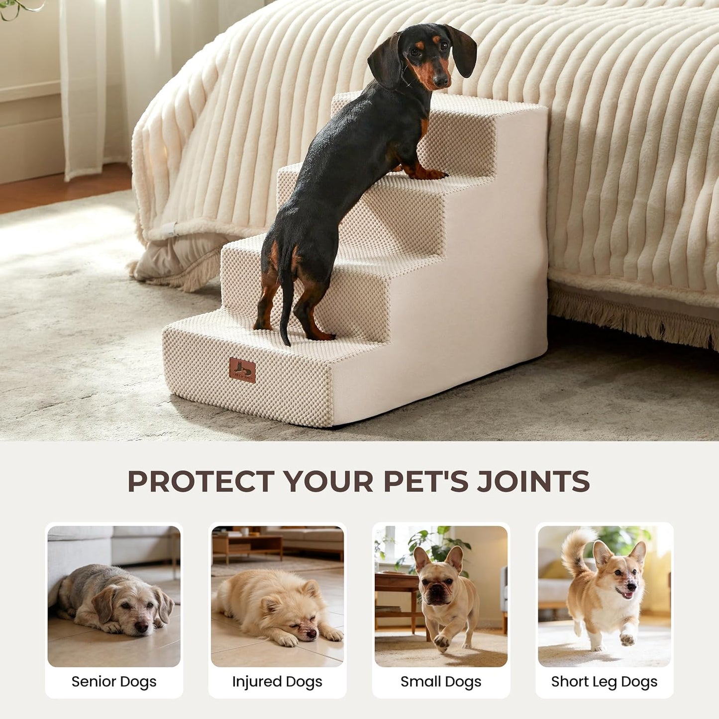 Dog Stairs for Small Dogs 18" H, 4-Step Dog Steps for High Bed and Couch, Pet Steps Ramp for Puppy and Cats, Non-Slip Stable Indoor Pet Ladder for Sofa and Chair, Beige