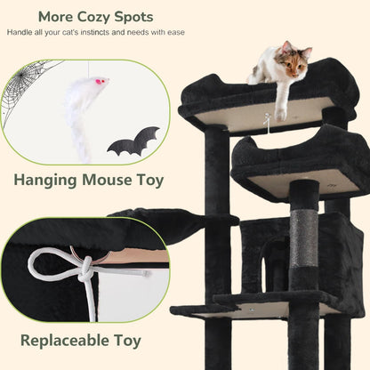 68 Inches Multi-Level Large and Tall Cat Tree Tower for Indoor Cats/Removable Pad/Cat Condo/Sisal Scratching Posts/Hammock/Cat Activity Center/Wide Base Black