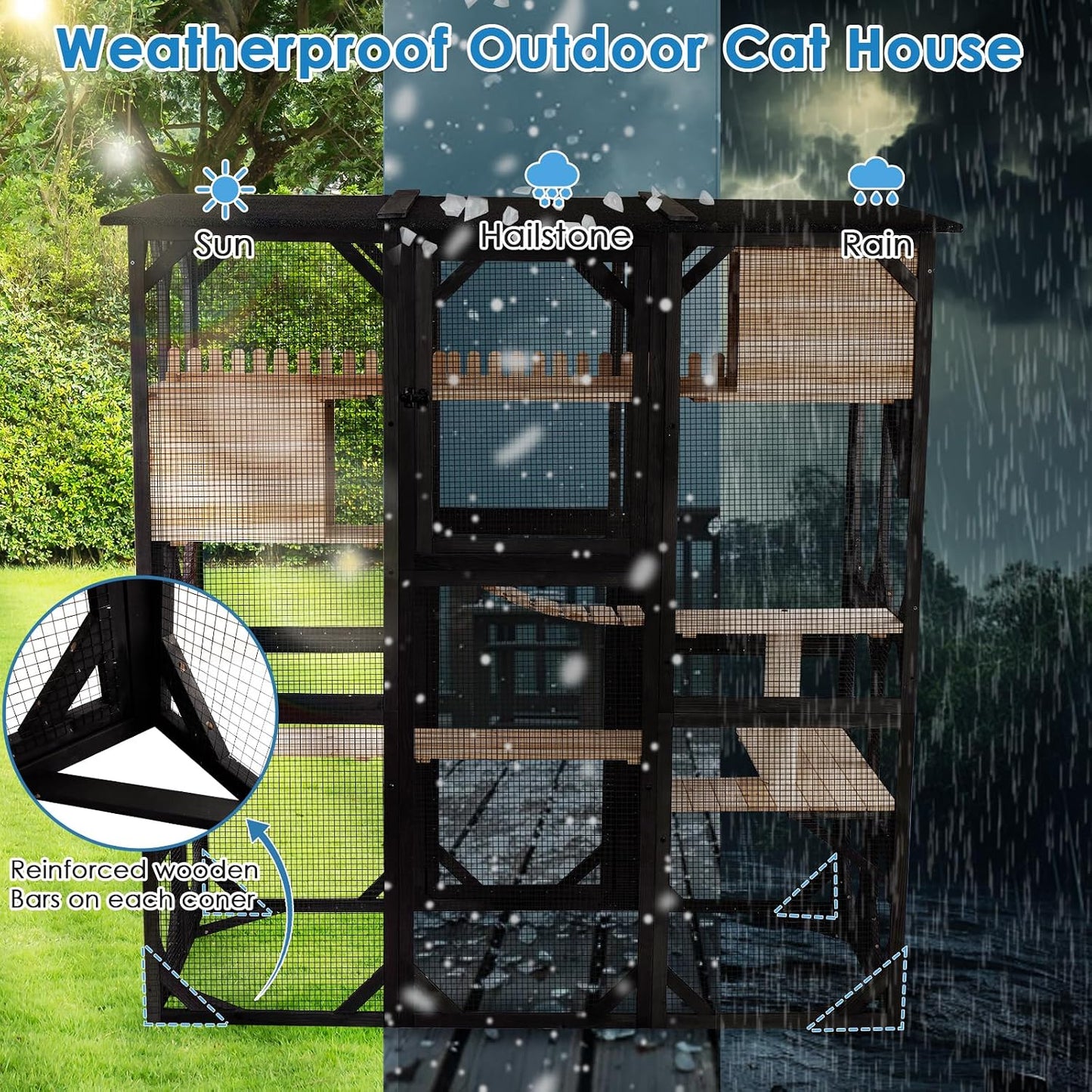 71.1" L Large Cat Catio Outdoor Cat Enclosure Window Acess, Walk-In Cat Cage Cat House for Multiple Indoor Outdoor Cats, outside Patio 6 Doors Weatherproof Roof