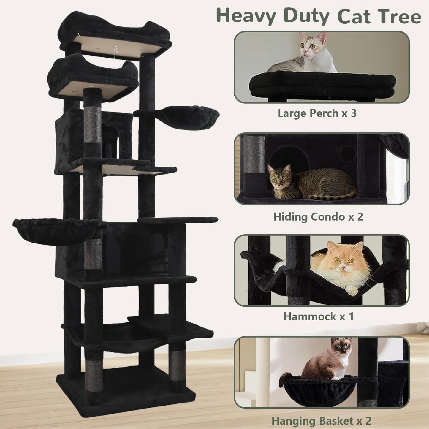 68 Inches Multi-Level Large and Tall Cat Tree Tower for Indoor Cats/Removable Pad/Cat Condo/Sisal Scratching Posts/Hammock/Cat Activity Center/Wide Base Black