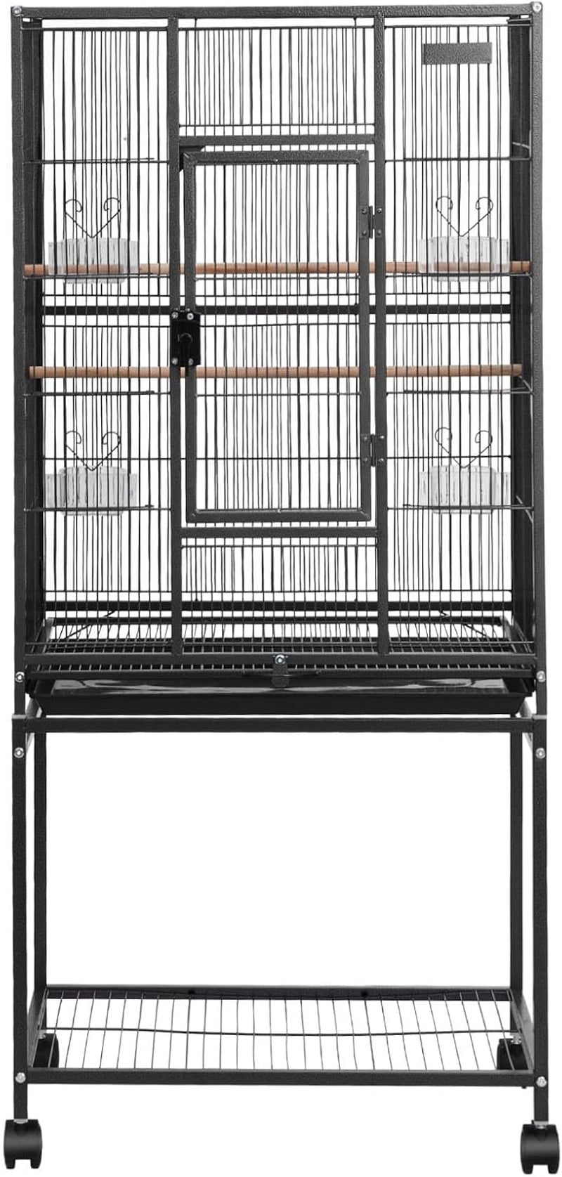 Bird Cage, 24.6 X 16.7 X 53.9 Inch, Flat Top, Wrought Iron Bird Flight Cage with Perches, Slide-Out Tray and Plastic Feeders, Casters, for Parrot, Blue Tit, Cockatiel, Canary, Budgerigar, Conure