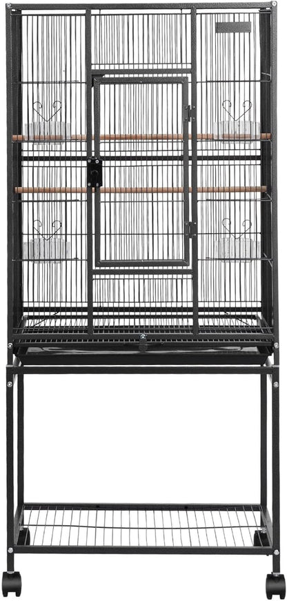 Bird Cage, 24.6 X 16.7 X 53.9 Inch, Flat Top, Wrought Iron Bird Flight Cage with Perches, Slide-Out Tray and Plastic Feeders, Casters, for Parrot, Blue Tit, Cockatiel, Canary, Budgerigar, Conure