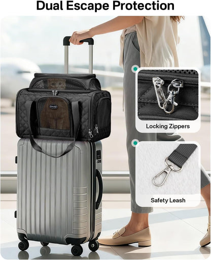 Cat Carrier Airline Approved 17X11X9.5 Inches, Top Expandable Soft Sided Pet Travel Carrier for Cats & Small Dogs, Fits under Airline Seat with Locking Zippers, Black