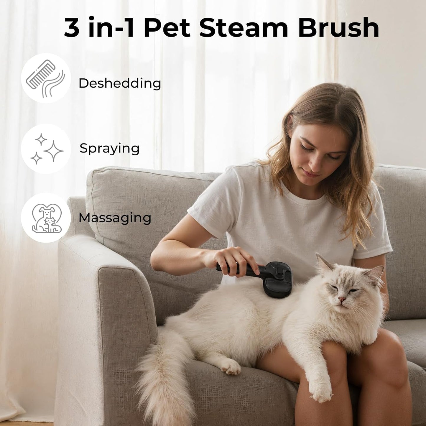 Self-Cleaning Steam Dog Cat Brush for Heavy Shedding/Long Coats | Gentle, Undercoat Removal & Smoothing, Shedding Control, for Water-Anxious Pets, 2 Cool Mist Modes, XL Tank, 240-Min Runtime