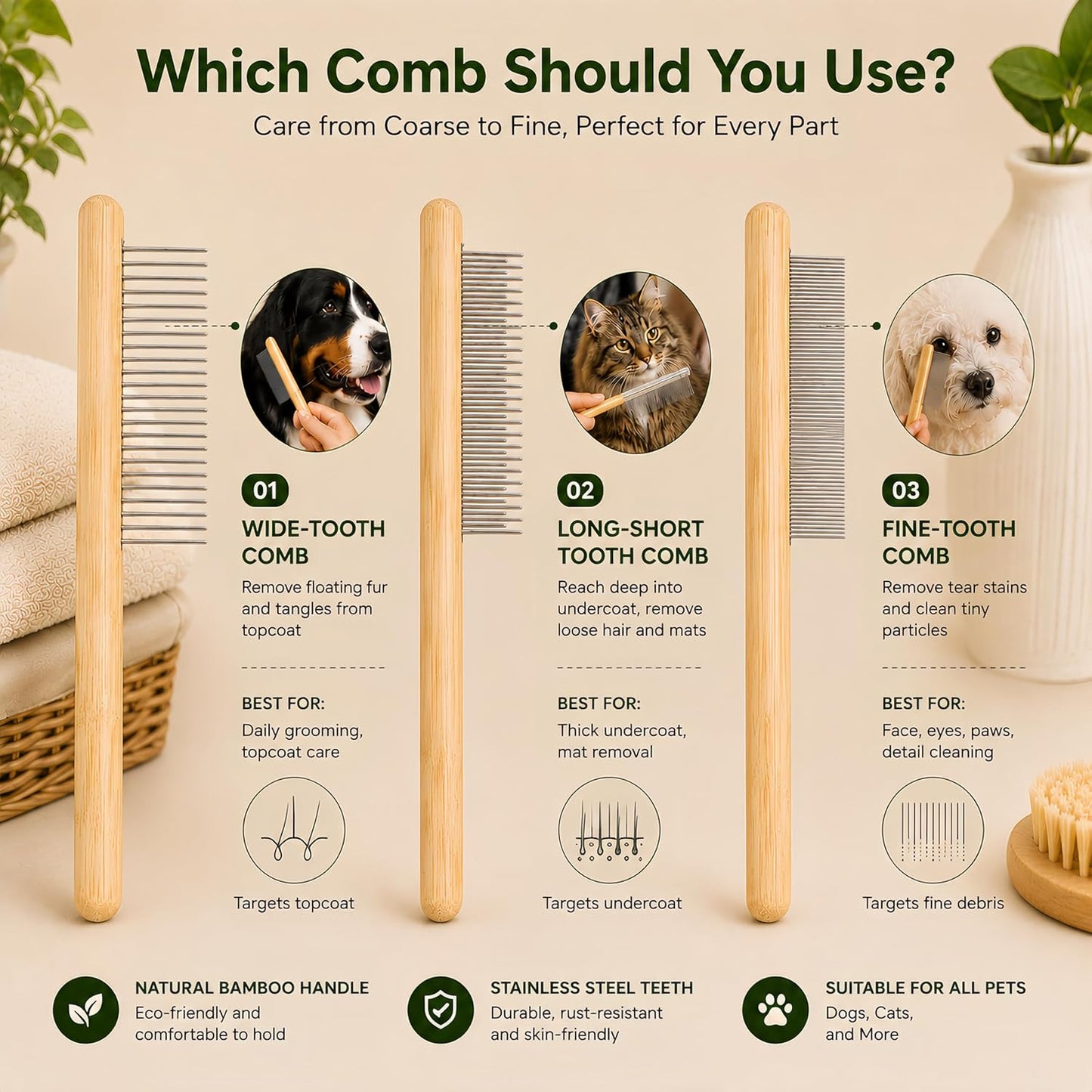 Cat Undercoat Rake and Dematting Comb, 4-In-1 Bamboo Grooming Kit for Long Haired Indoor Cats, Detangling Deshedding Brush for Matted Fur, Shedding Tool for Dogs