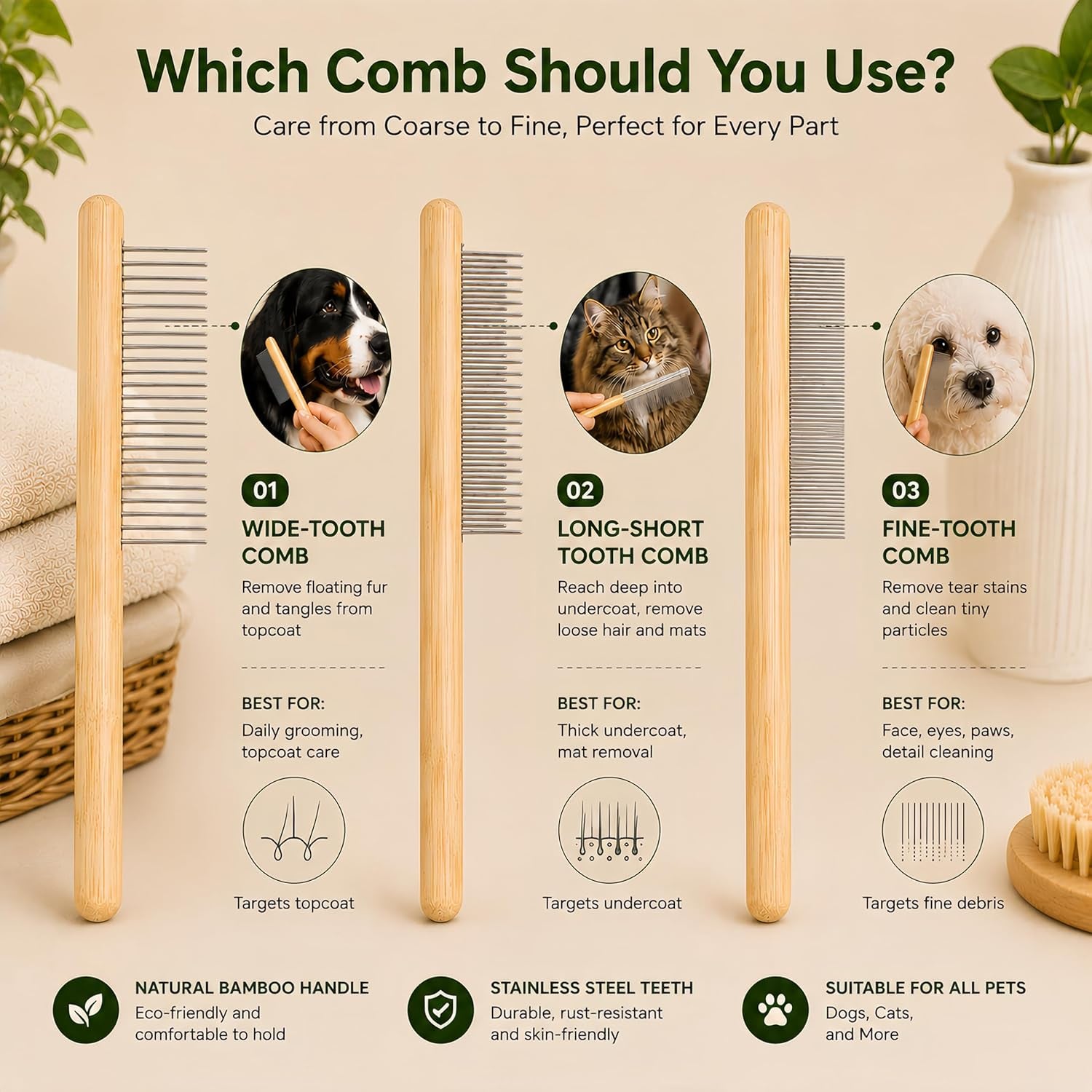 Cat Undercoat Rake and Dematting Comb, 4-In-1 Bamboo Grooming Kit for Long Haired Indoor Cats, Detangling Deshedding Brush for Matted Fur, Shedding Tool for Dogs