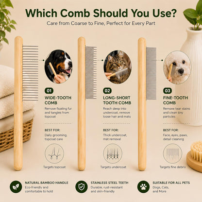 Cat Undercoat Rake and Dematting Comb, 4-In-1 Bamboo Grooming Kit for Long Haired Indoor Cats, Detangling Deshedding Brush for Matted Fur, Shedding Tool for Dogs