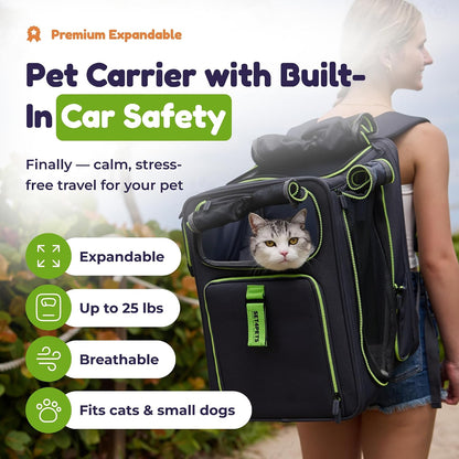 Premium Expandable Cat Carrier Backpack with Car Seat Belt Safety System – Rigid Frame Pet Carrier Backpack for Cats & Small Dogs up to 25 Lbs – Breathable, Durable – Includes Bottle & Feeding Bowl