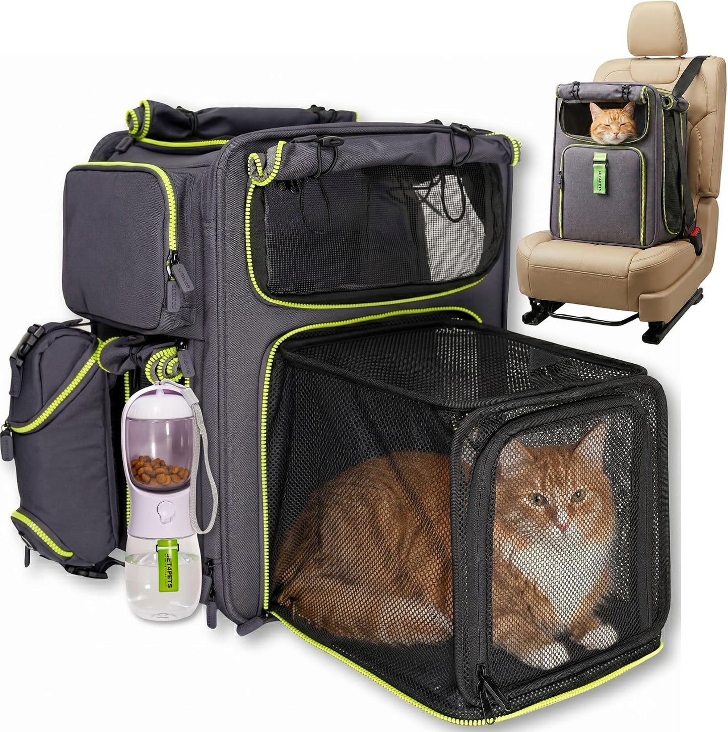 Premium Expandable Cat Carrier Backpack with Car Seat Belt Safety System – Rigid Frame Pet Carrier Backpack for Cats & Small Dogs up to 25 Lbs – Breathable, Durable – Includes Bottle & Feeding Bowl