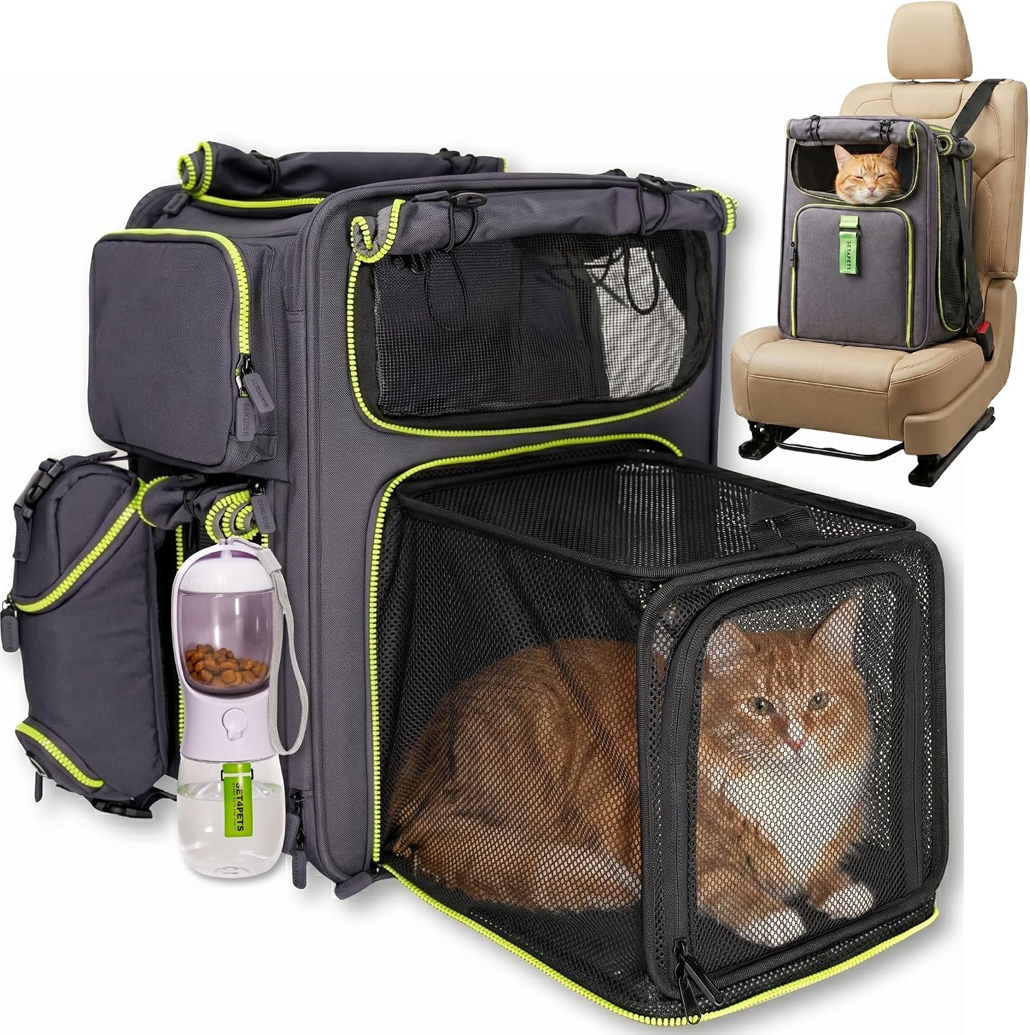 Premium Expandable Cat Carrier Backpack with Car Seat Belt Safety System – Rigid Frame Pet Carrier Backpack for Cats & Small Dogs up to 25 Lbs – Breathable, Durable – Includes Bottle & Feeding Bowl