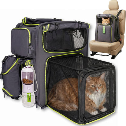 Premium Expandable Cat Carrier Backpack with Car Seat Belt Safety System – Rigid Frame Pet Carrier Backpack for Cats & Small Dogs up to 25 Lbs – Breathable, Durable – Includes Bottle & Feeding Bowl