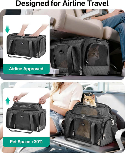 Cat Carrier Airline Approved 17X11X9.5 Inches, Top Expandable Soft Sided Pet Travel Carrier for Cats & Small Dogs, Fits under Airline Seat with Locking Zippers, Black