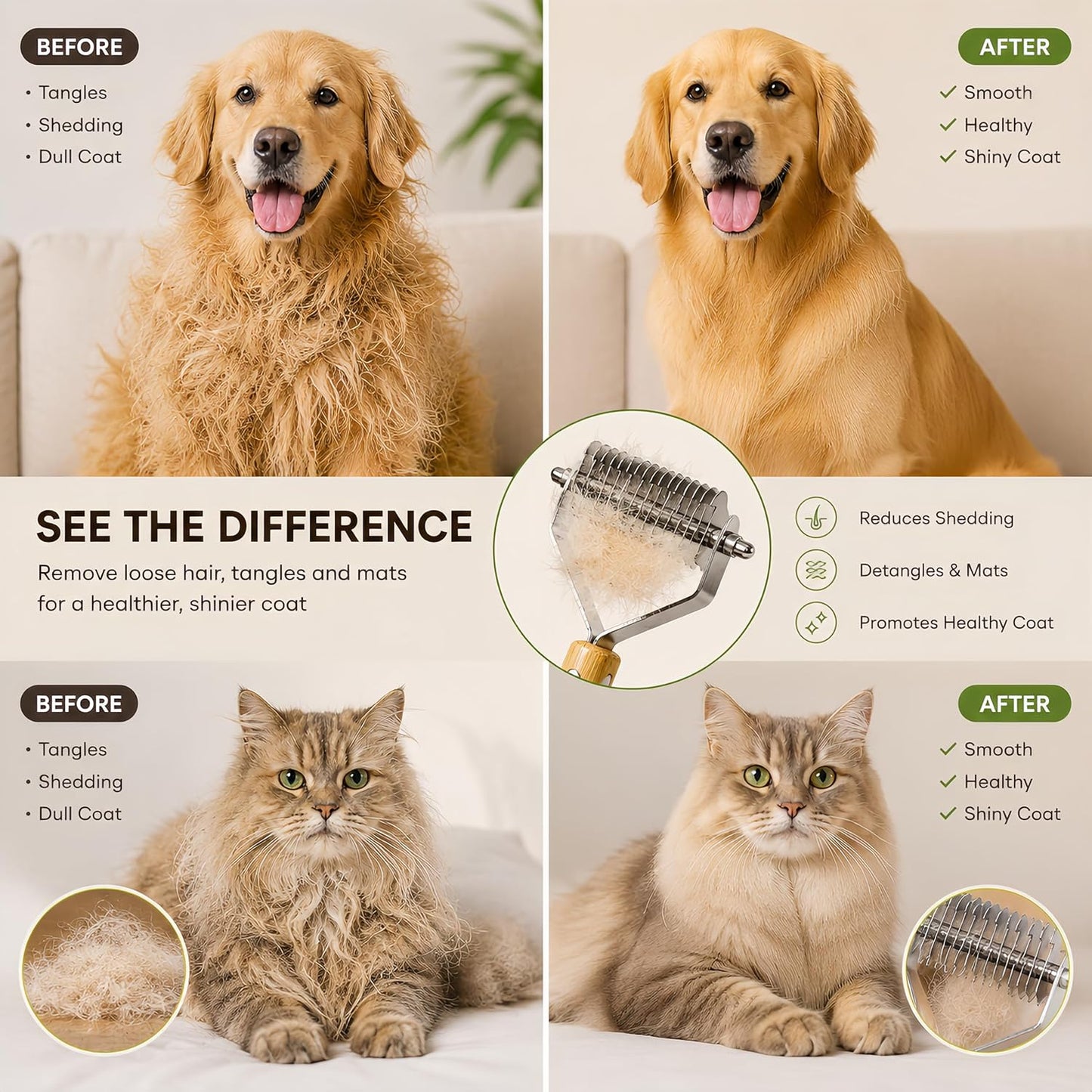 Cat Undercoat Rake and Dematting Comb, 4-In-1 Bamboo Grooming Kit for Long Haired Indoor Cats, Detangling Deshedding Brush for Matted Fur, Shedding Tool for Dogs