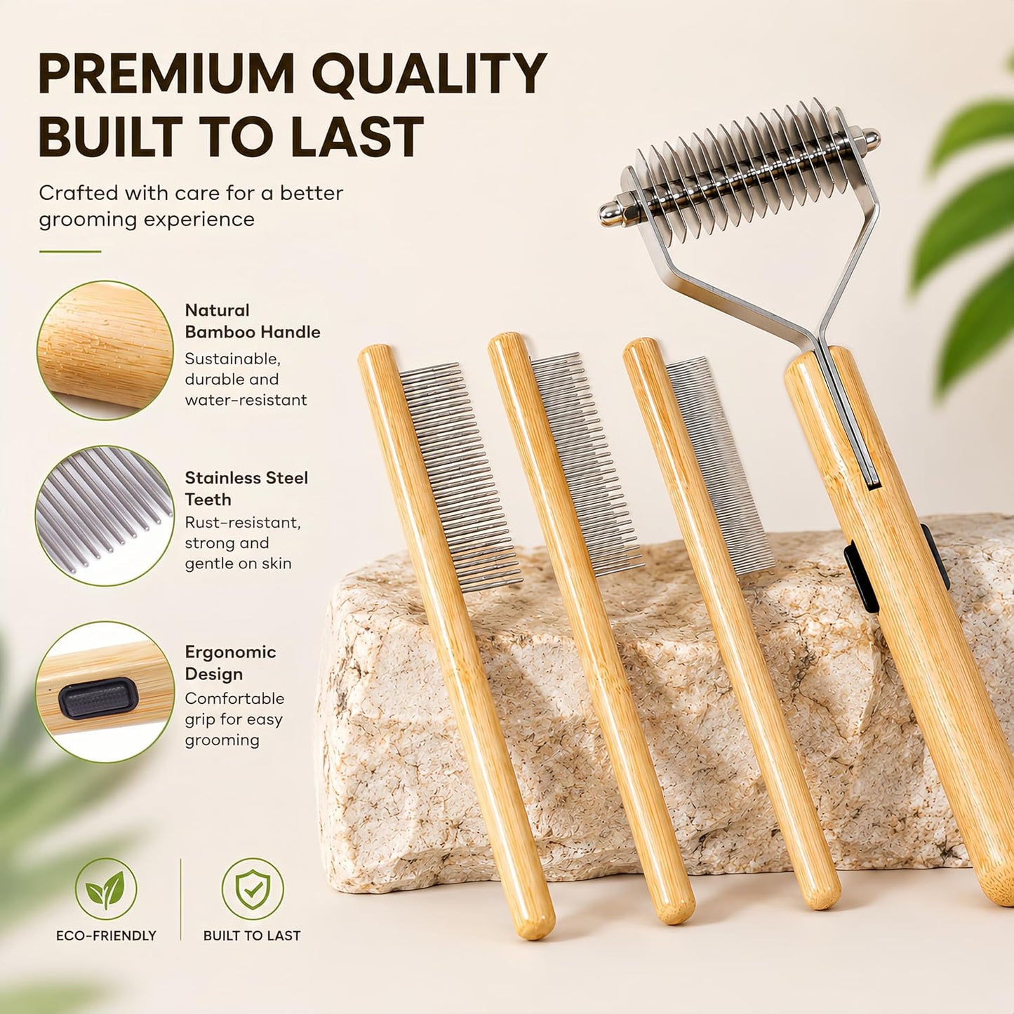 Cat Undercoat Rake and Dematting Comb, 4-In-1 Bamboo Grooming Kit for Long Haired Indoor Cats, Detangling Deshedding Brush for Matted Fur, Shedding Tool for Dogs