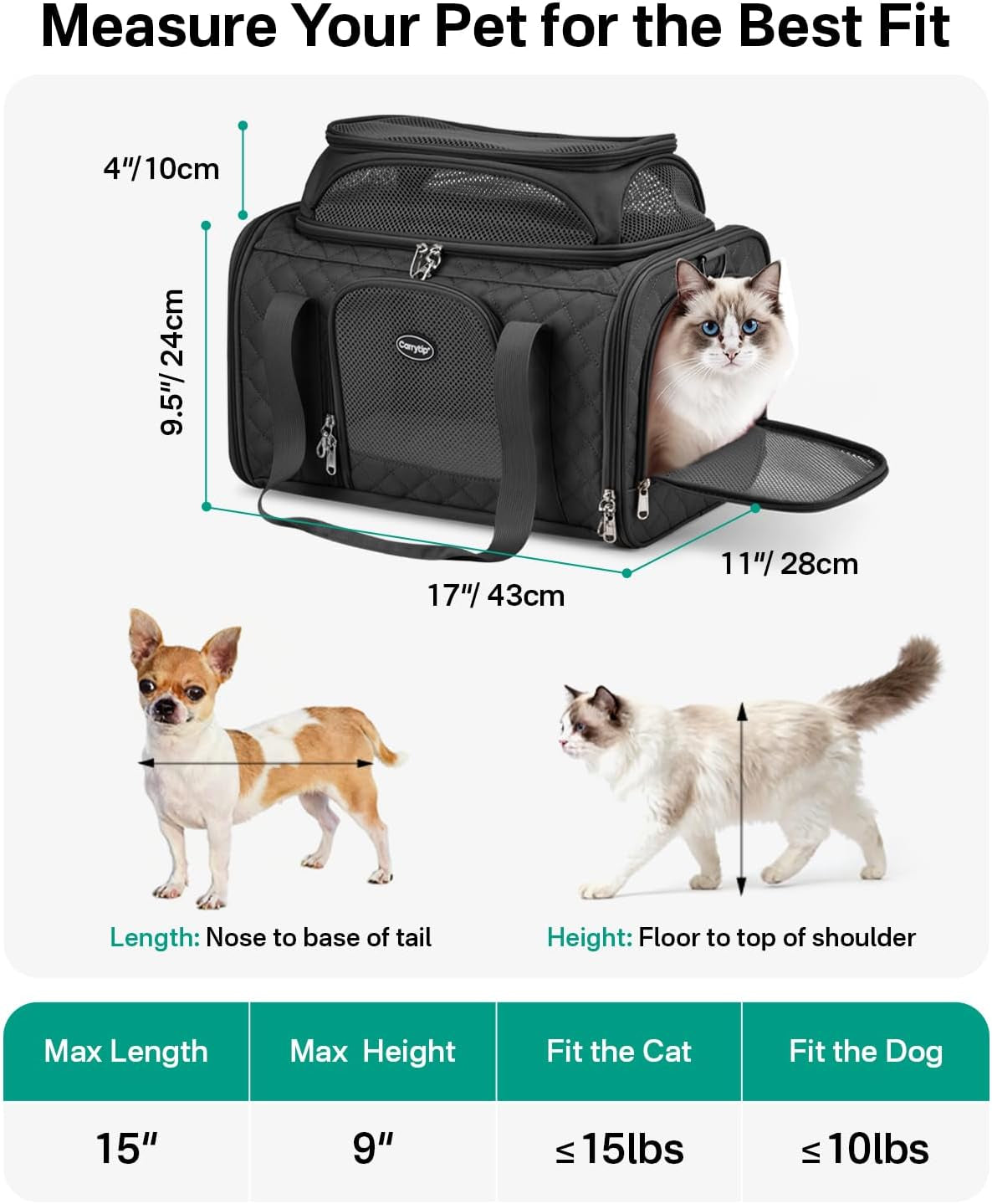 Cat Carrier Airline Approved 17X11X9.5 Inches, Top Expandable Soft Sided Pet Travel Carrier for Cats & Small Dogs, Fits under Airline Seat with Locking Zippers, Black