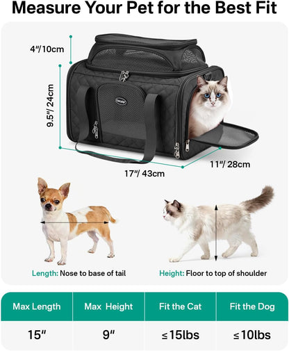 Cat Carrier Airline Approved 17X11X9.5 Inches, Top Expandable Soft Sided Pet Travel Carrier for Cats & Small Dogs, Fits under Airline Seat with Locking Zippers, Black