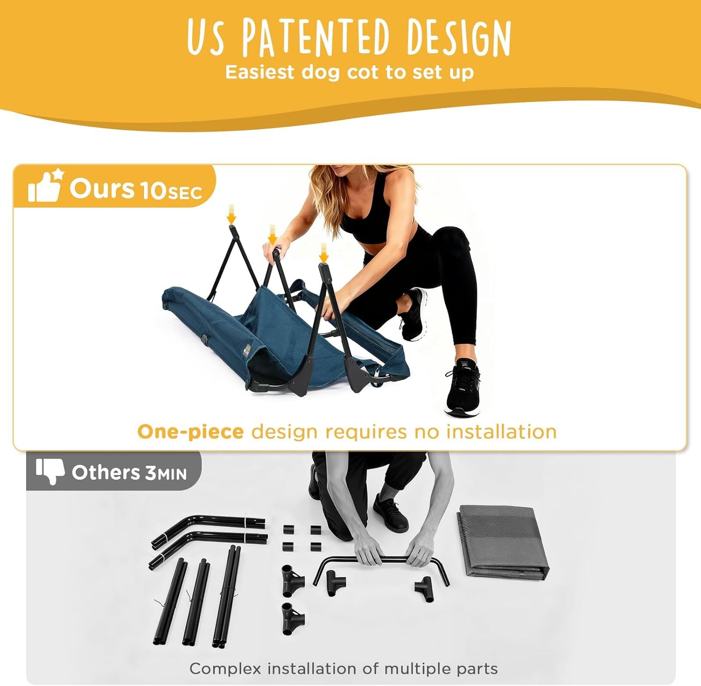 Folding Raised Dog Cot, Large Outdoor Elevated Dog Bed with Upgraded Non-Slip Feet, Cooling Chew Proof Portable Heavy Duty Pet Cot up to 160 Lbs for Camping/Home, Dark Blue, 43"X27"