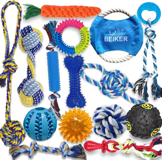 Dog Teething Chew Toys - 15 Pack Small Medium Breed Puppy Toy, Variety Dogs Rope Chew Toys Bundle for Boredom, Pet Interactive Squeaky Treat Dispensing Ball for Puppies