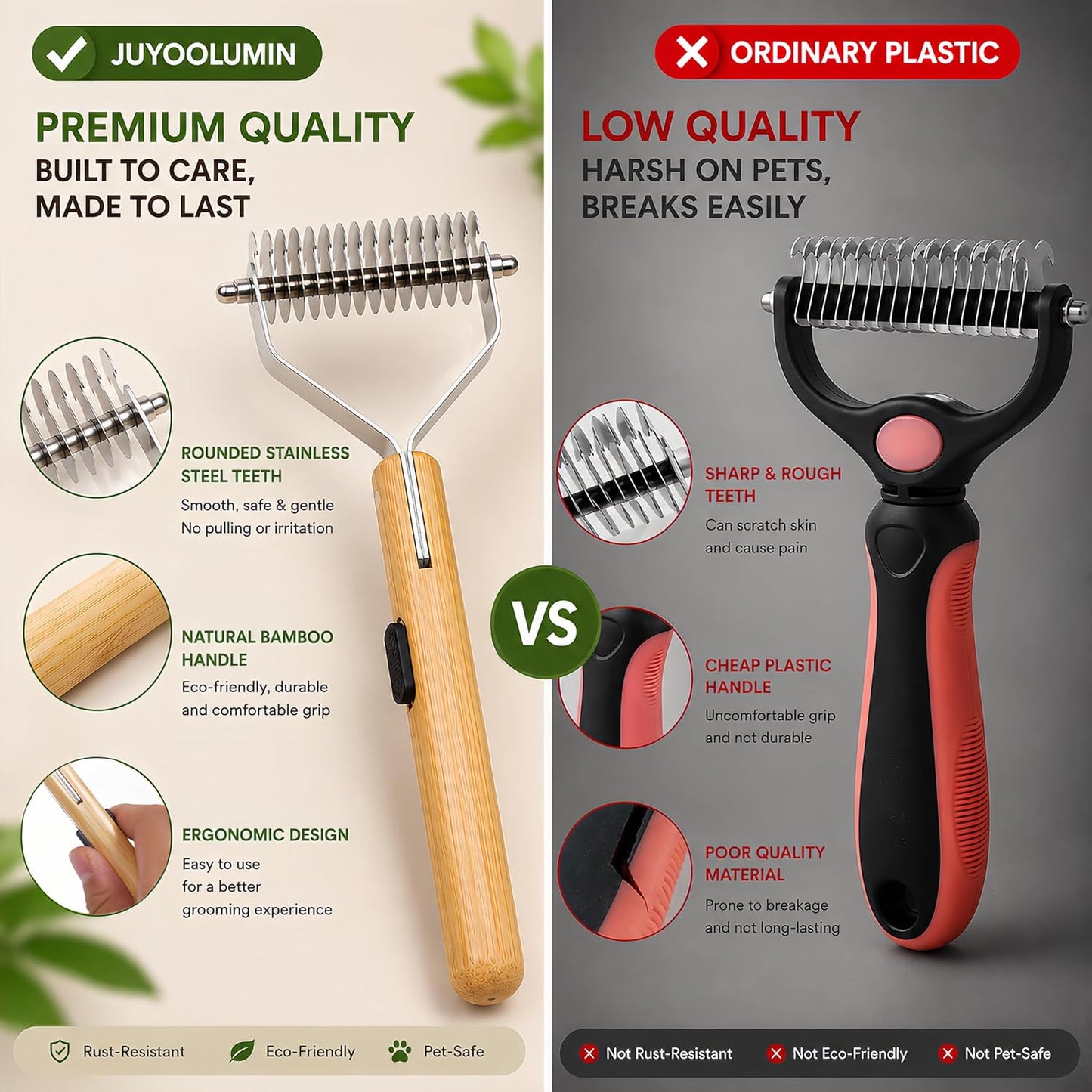 Cat Undercoat Rake and Dematting Comb, 4-In-1 Bamboo Grooming Kit for Long Haired Indoor Cats, Detangling Deshedding Brush for Matted Fur, Shedding Tool for Dogs