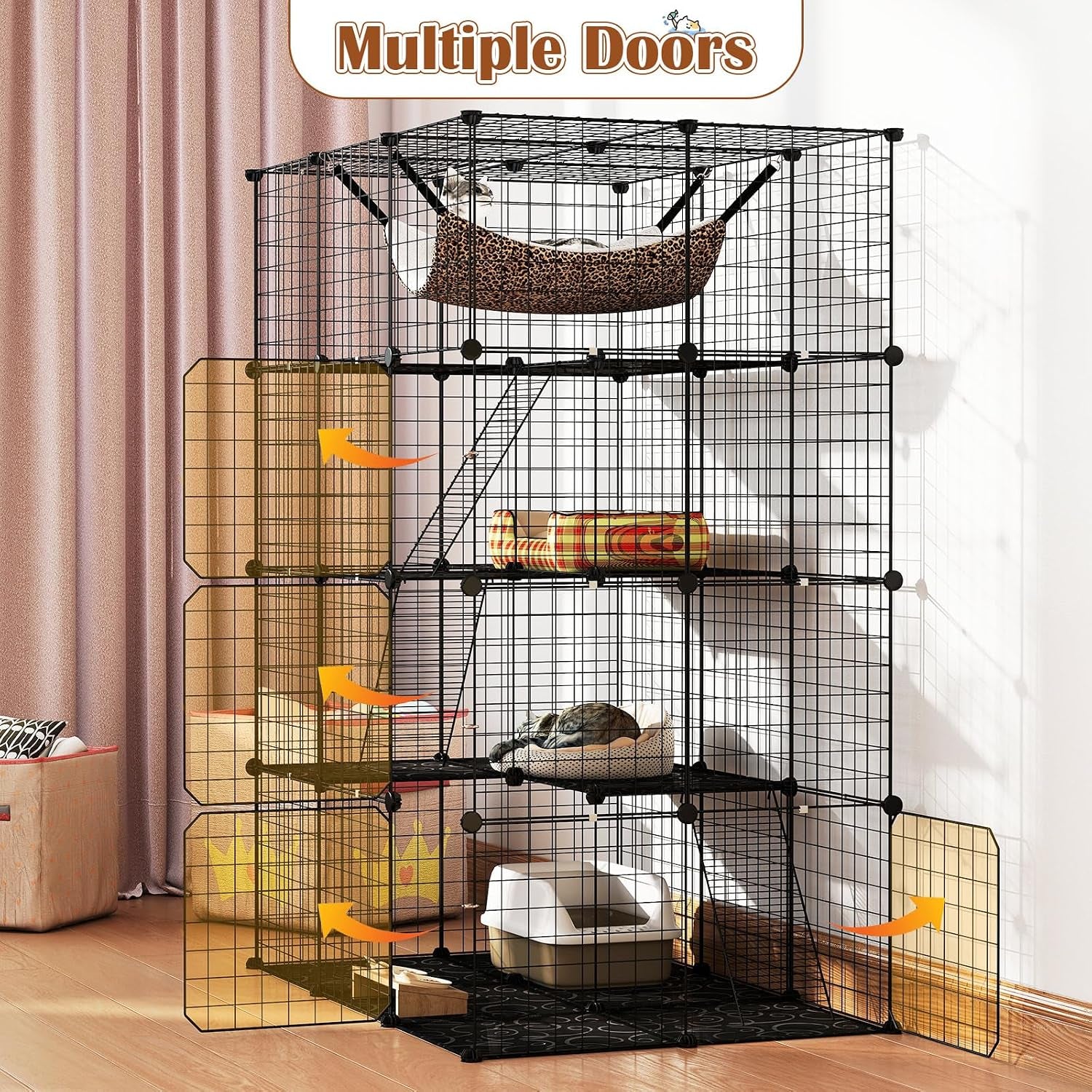 Cat Cages Indoor, 56" Large 4-Tier Cat Enclosure with Skylight, Hammock, 3 Ladders, Detachable Metal Wire Kennel with 4 Lockable Doors, DIY Cat Crate & Pet Playpen Catio for 1-4 Cats