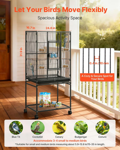 Bird Cage, 24.6 X 16.7 X 53.9 Inch, Flat Top, Wrought Iron Bird Flight Cage with Perches, Slide-Out Tray and Plastic Feeders, Casters, for Parrot, Blue Tit, Cockatiel, Canary, Budgerigar, Conure