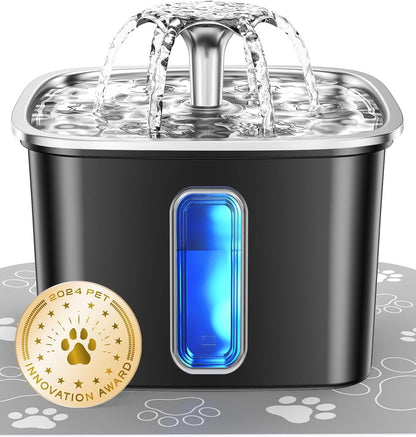 Innovation Award Winner Stainless Steel Cat Water Fountain, 108Oz/3.2L Automatic Pet Fountain Dog Water Dispenser with Replacement Filters & Silicone Mat for Cats, Dogs (Space Black)