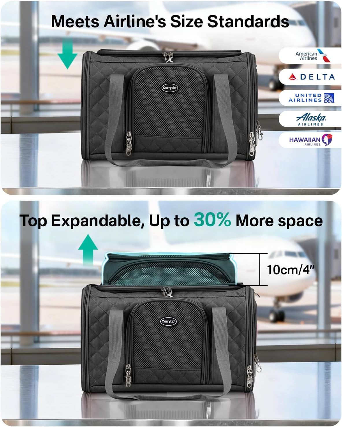 Cat Carrier Airline Approved 17X11X9.5 Inches, Top Expandable Soft Sided Pet Travel Carrier for Cats & Small Dogs, Fits under Airline Seat with Locking Zippers, Black
