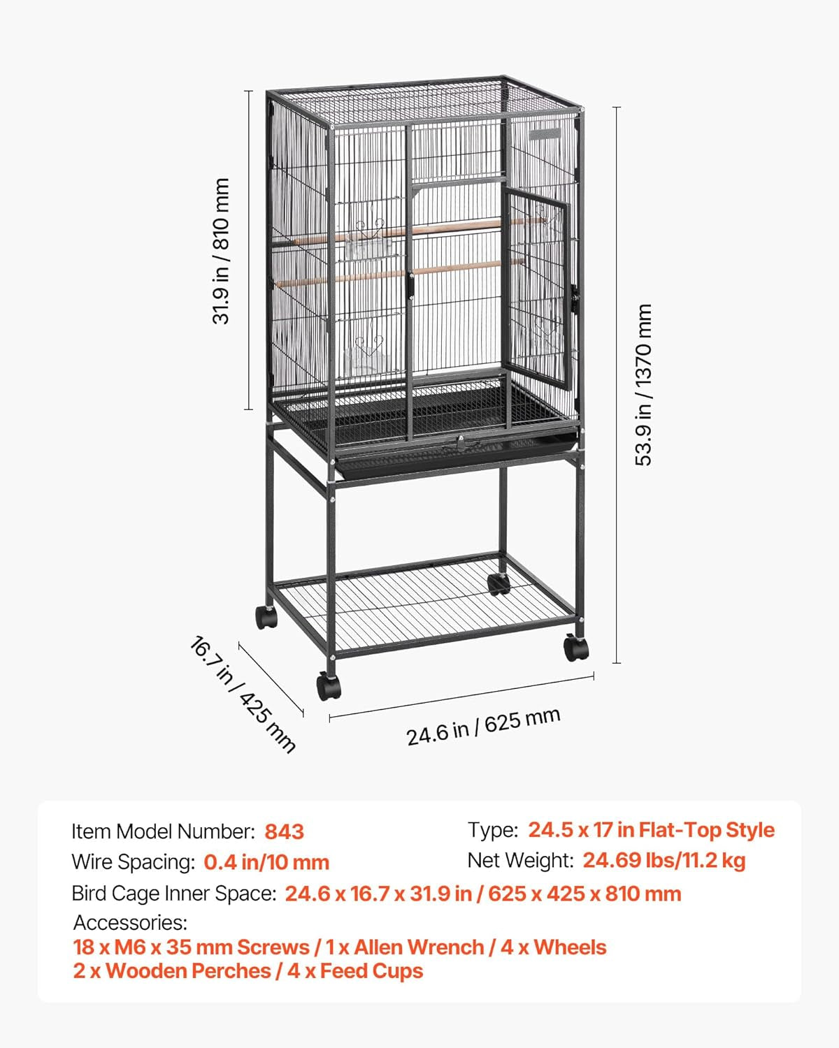 Bird Cage, 24.6 X 16.7 X 53.9 Inch, Flat Top, Wrought Iron Bird Flight Cage with Perches, Slide-Out Tray and Plastic Feeders, Casters, for Parrot, Blue Tit, Cockatiel, Canary, Budgerigar, Conure