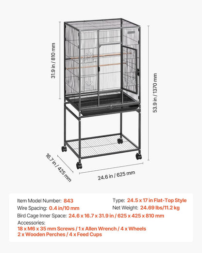 Bird Cage, 24.6 X 16.7 X 53.9 Inch, Flat Top, Wrought Iron Bird Flight Cage with Perches, Slide-Out Tray and Plastic Feeders, Casters, for Parrot, Blue Tit, Cockatiel, Canary, Budgerigar, Conure