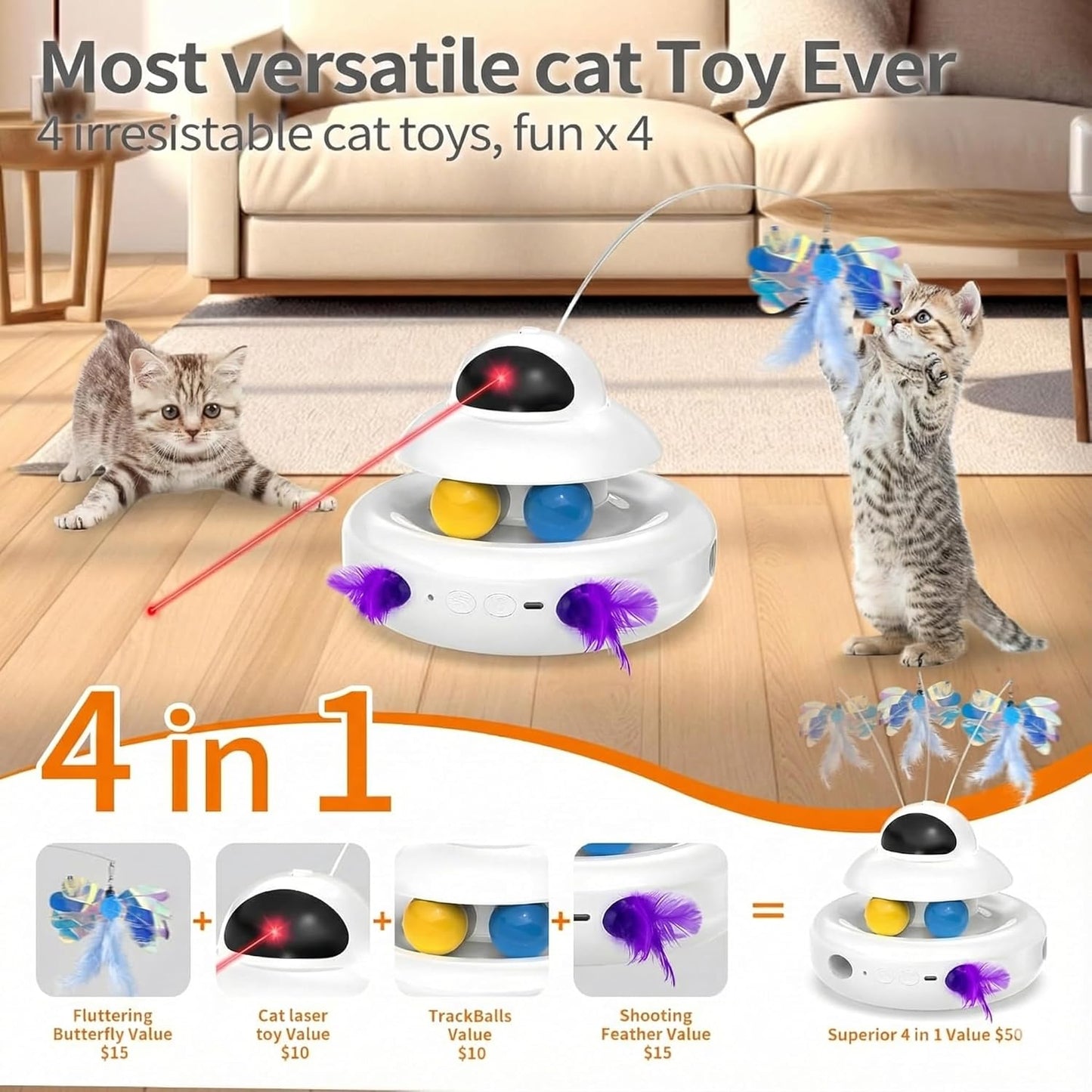 Cat Toys，4-In-1 Interactive Cat Toy for Indoor Cats with Laser, Fluttering Butterfly, Moving Feather and Track Balls - USB Rechargeable Self-Play Kitten Toy (White)