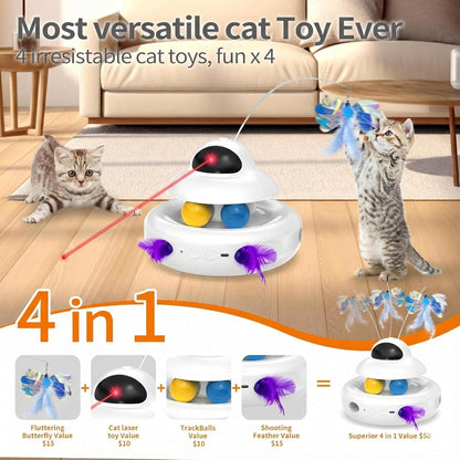 Cat Toys，4-In-1 Interactive Cat Toy for Indoor Cats with Laser, Fluttering Butterfly, Moving Feather and Track Balls - USB Rechargeable Self-Play Kitten Toy (White)