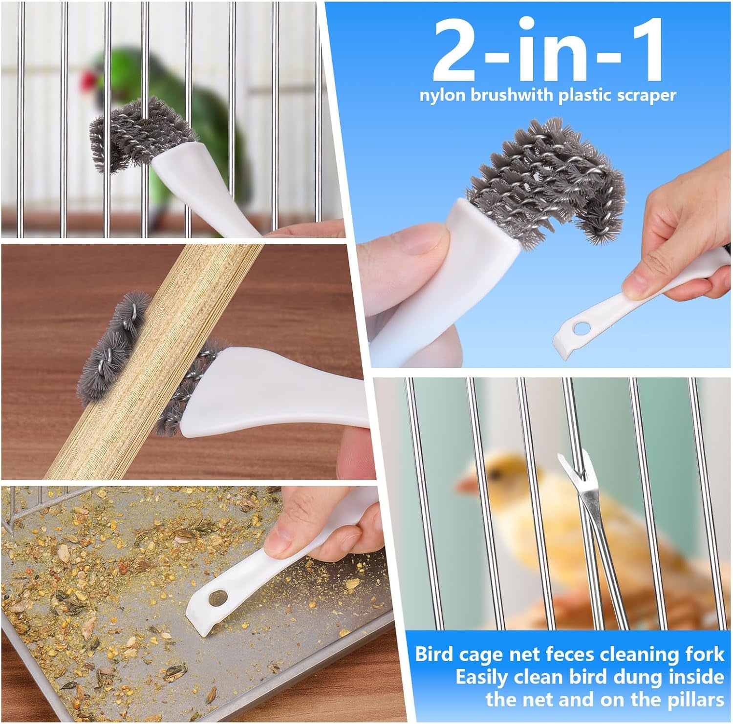 Bird Cage Cleaner Brush Kit,Bird Poop Remover Cleaning Tools Set Accessories for Small,Medium,Large,Tall,Stainless Steel,Parakeet,Budgie,African Grey Parrot,Cockatoo Birds Cage Accessories