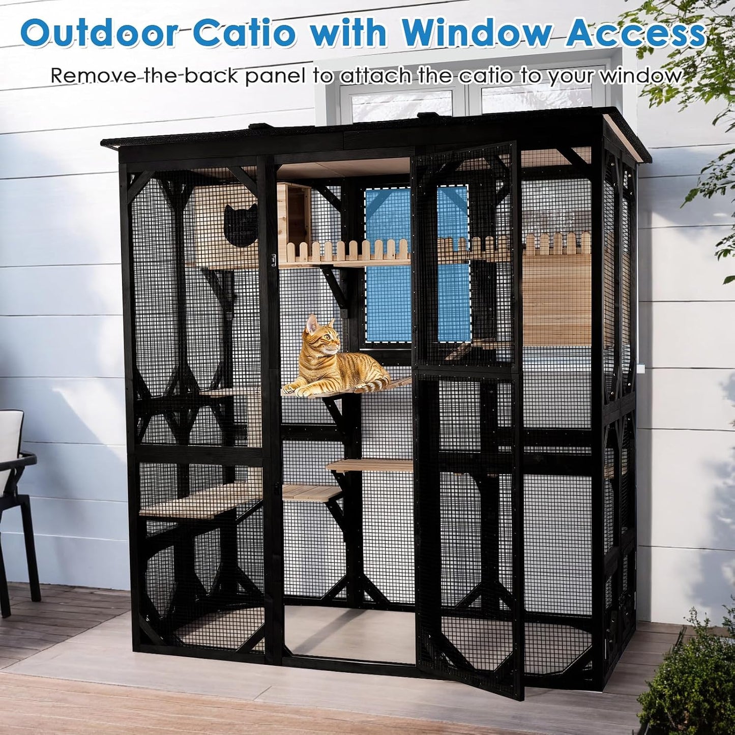 71.1" L Large Cat Catio Outdoor Cat Enclosure Window Acess, Walk-In Cat Cage Cat House for Multiple Indoor Outdoor Cats, outside Patio 6 Doors Weatherproof Roof