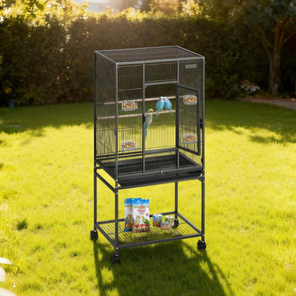 Bird Cage, 24.6 X 16.7 X 53.9 Inch, Flat Top, Wrought Iron Bird Flight Cage with Perches, Slide-Out Tray and Plastic Feeders, Casters, for Parrot, Blue Tit, Cockatiel, Canary, Budgerigar, Conure